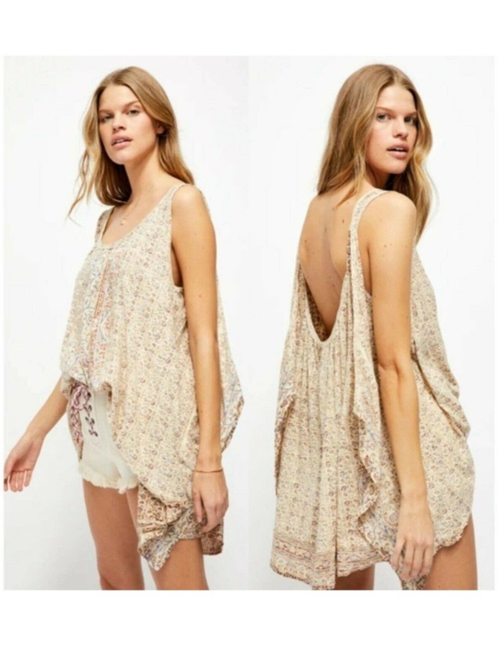 Free People Mess Around Floral Tunic Tank Top Oversized Flowy Bohemian Small